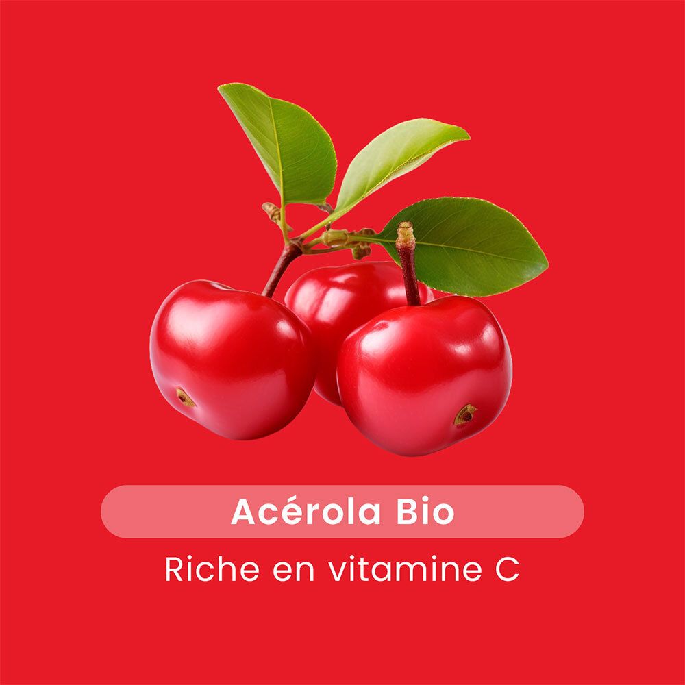 Trois fruits d'acérola rouges avec feuilles. Texte: Acérola Bio, Riche en vitamine C.