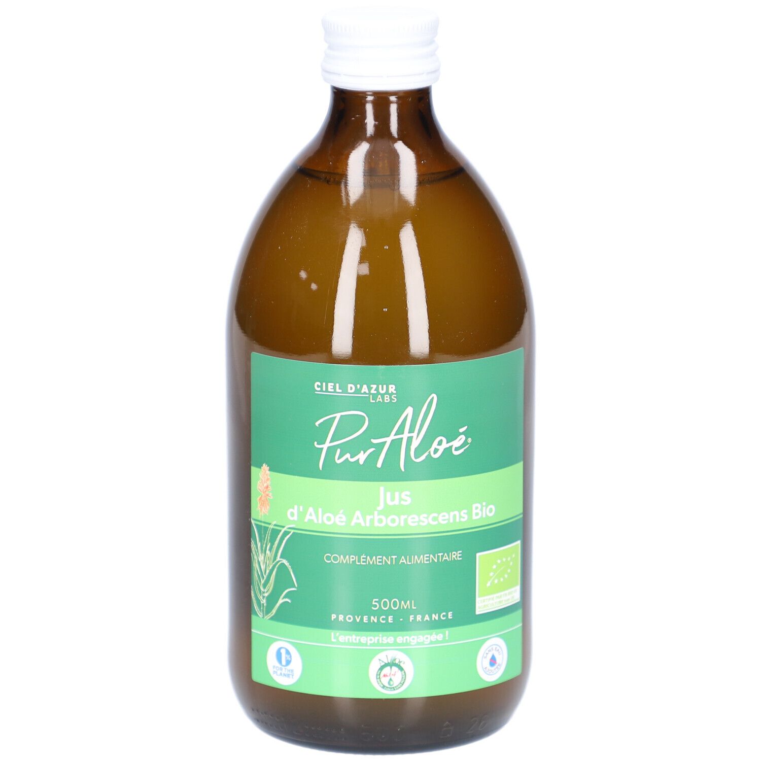 Bouteille en verre brun, bouchon blanc. Étiquette verte et blanche avec texte: PurAloé, Jus d'Aloé Arborescens Bio, complément alimentaire.