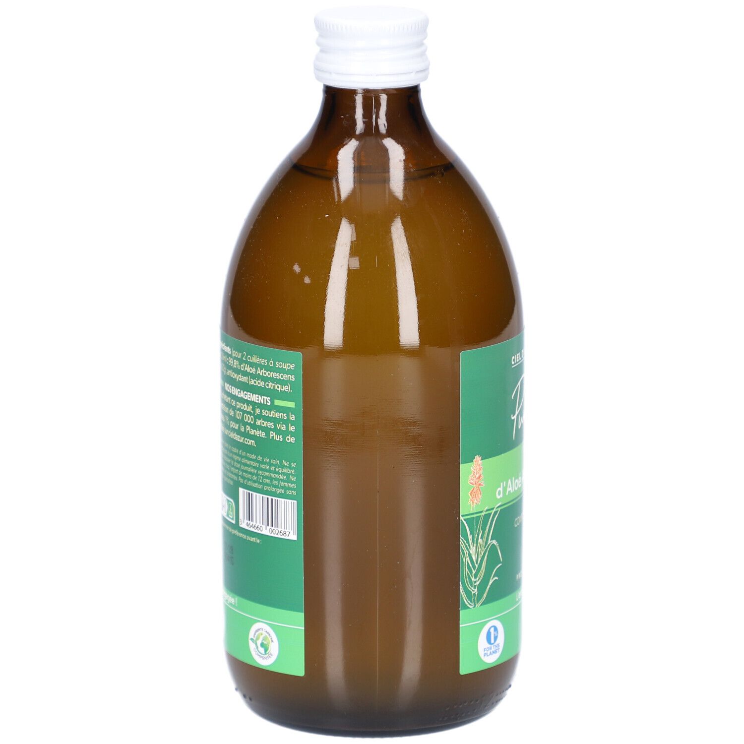 Bouteille en verre brun, bouchon blanc. Dos avec étiquette verte et texte. Code-barres et autres informations.