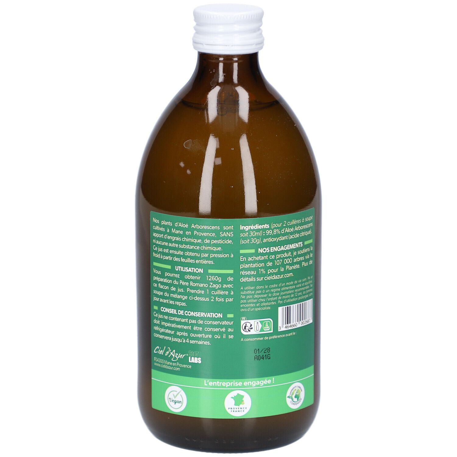 Bouteille en verre brun, bouchon blanc. Dos avec étiquette verte et texte. Informations sur les ingrédients et l'utilisation.