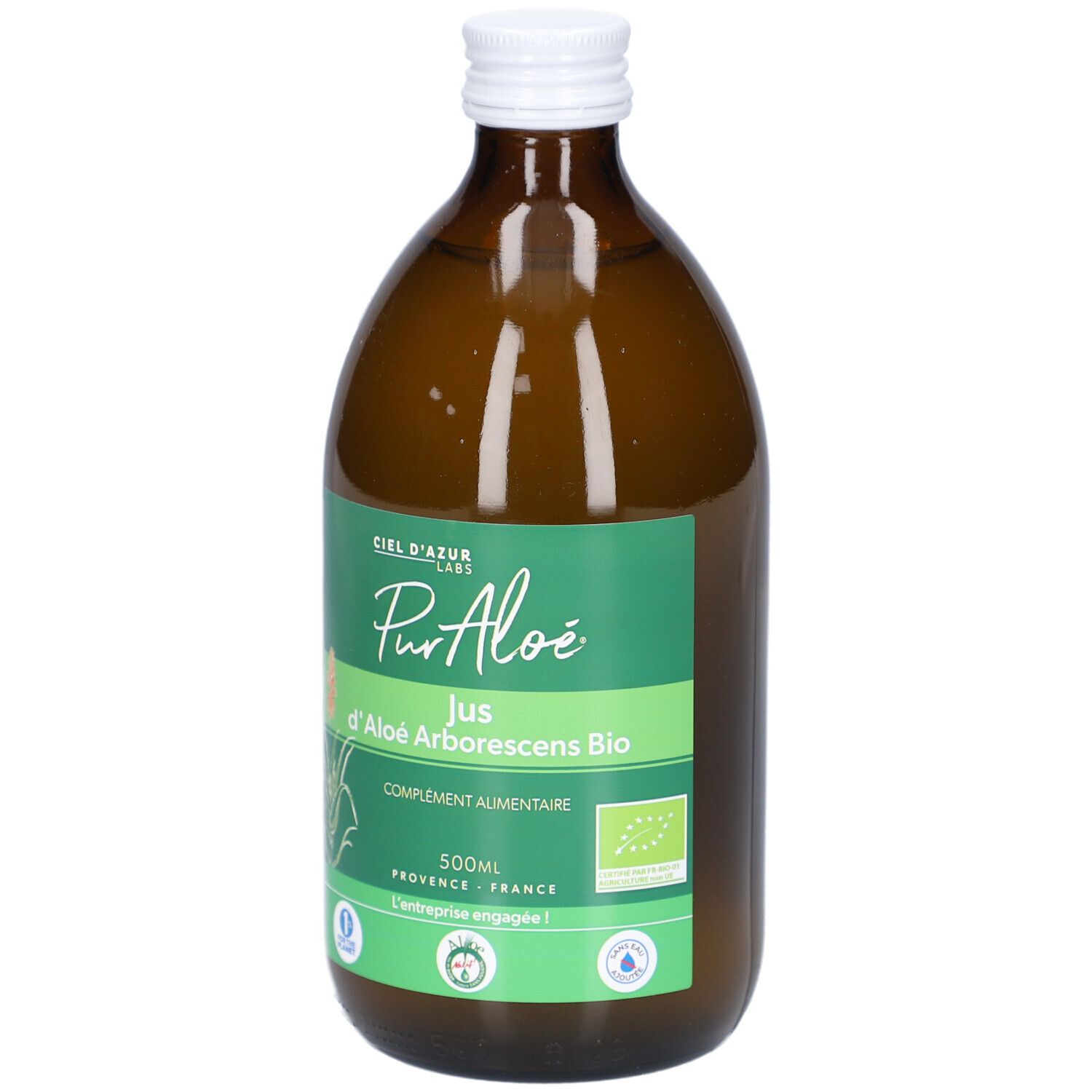 Bouteille en verre brun, bouchon blanc. Étiquette verte et blanche avec texte: PurAloé, Jus d'Aloé Arborescens Bio, complément alimentaire.