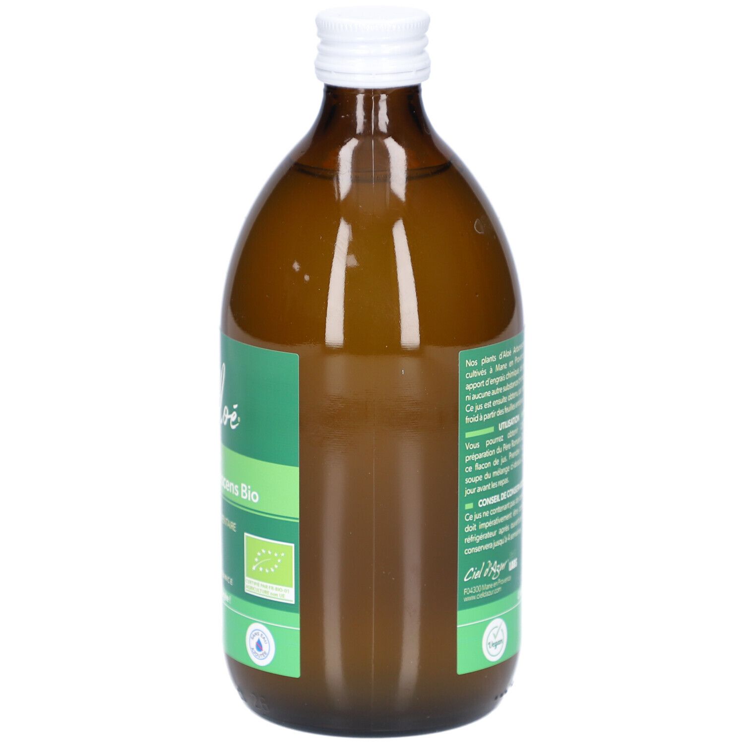 Bouteille en verre brun, bouchon blanc. Dos avec étiquette verte et texte. Informations sur le produit.