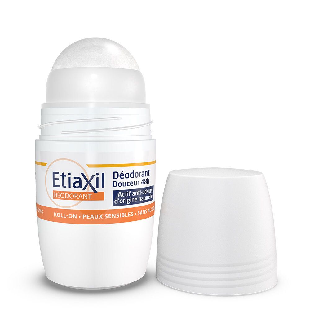 Déodorant roll-on blanc avec bouchon. Logo EtiaXil et informations sur l'étiquette.