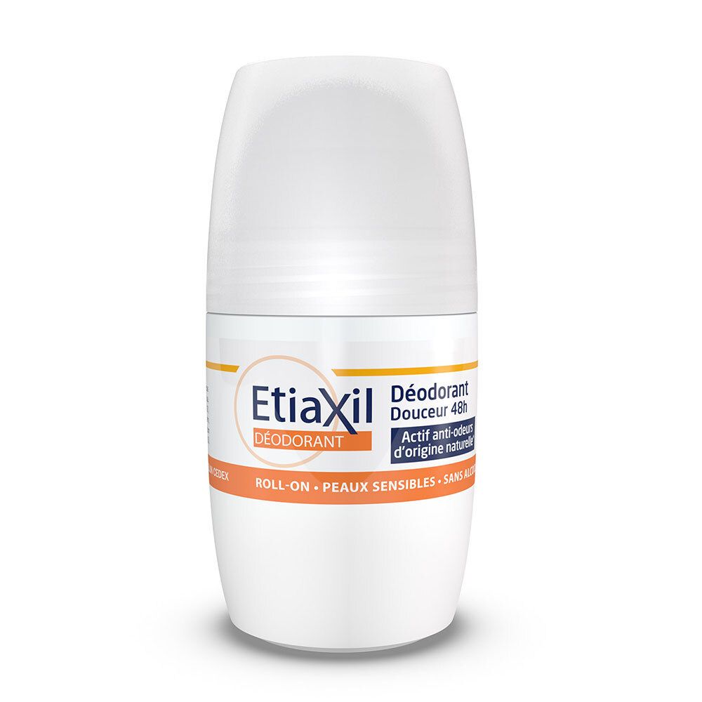 Déodorant roll-on blanc. Logo EtiaXil et informations sur l'étiquette.