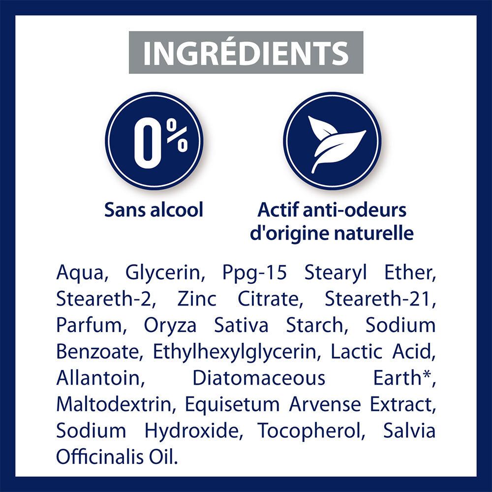 Infographie : ingrédients. 0% alcool, actif anti-odeurs naturel. Liste des ingrédients.