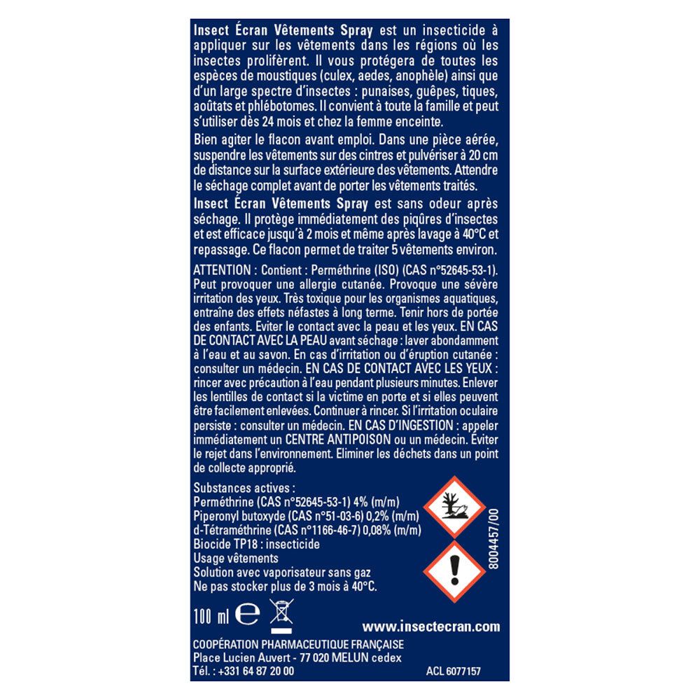 INSECT ECRAN - Spray vêtements insecticide  -  protection contre les piqûres de moustiques  - dès 24 mois