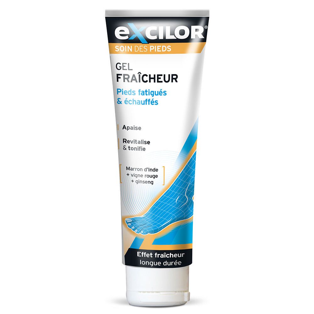 Tube blanc et bleu avec nom du produit et image de pied. Texte: Gel Fraîcheur, Pieds fatigués & échauffés.
