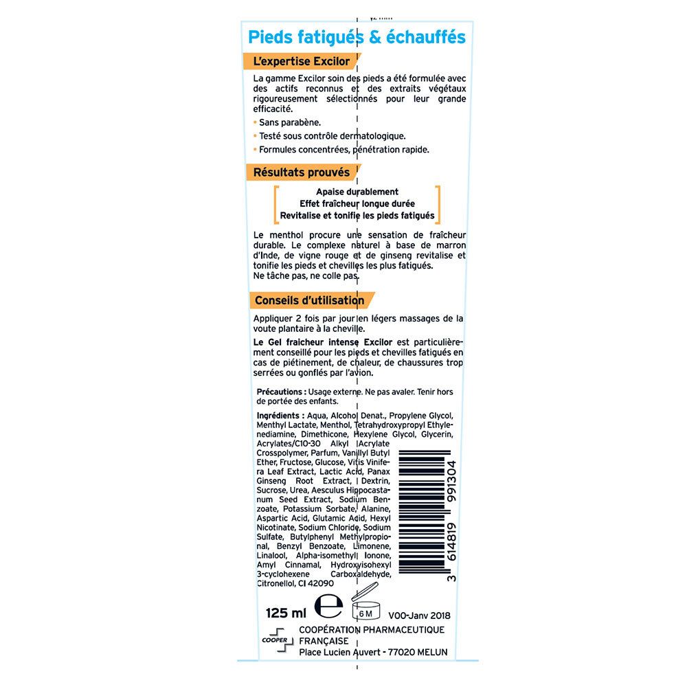 Dos du tube avec texte. Contient des informations sur les ingrédients et l'utilisation. 125 ml.