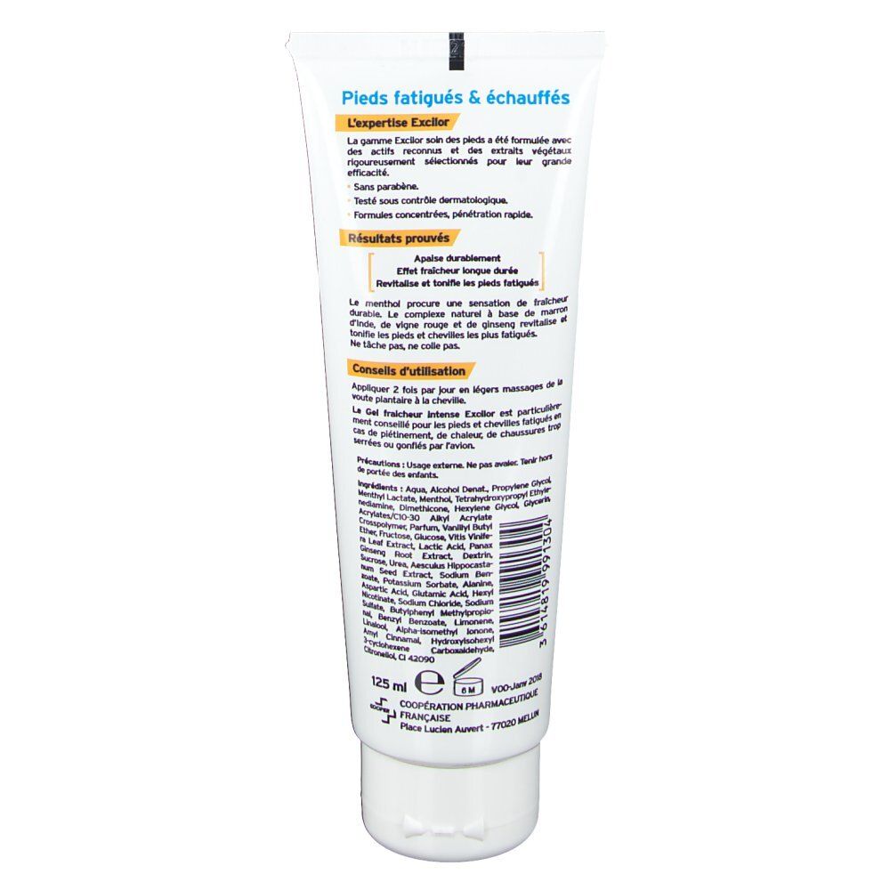 Dos du tube avec texte. Contient des informations sur les ingrédients et l'utilisation. 125 ml.