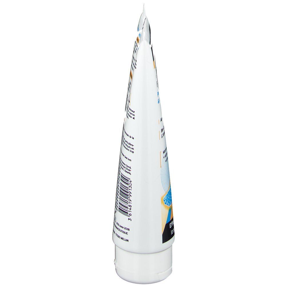 Vue latérale d'un tube blanc. Contient du texte et des accents bleus. Le bouchon est blanc.