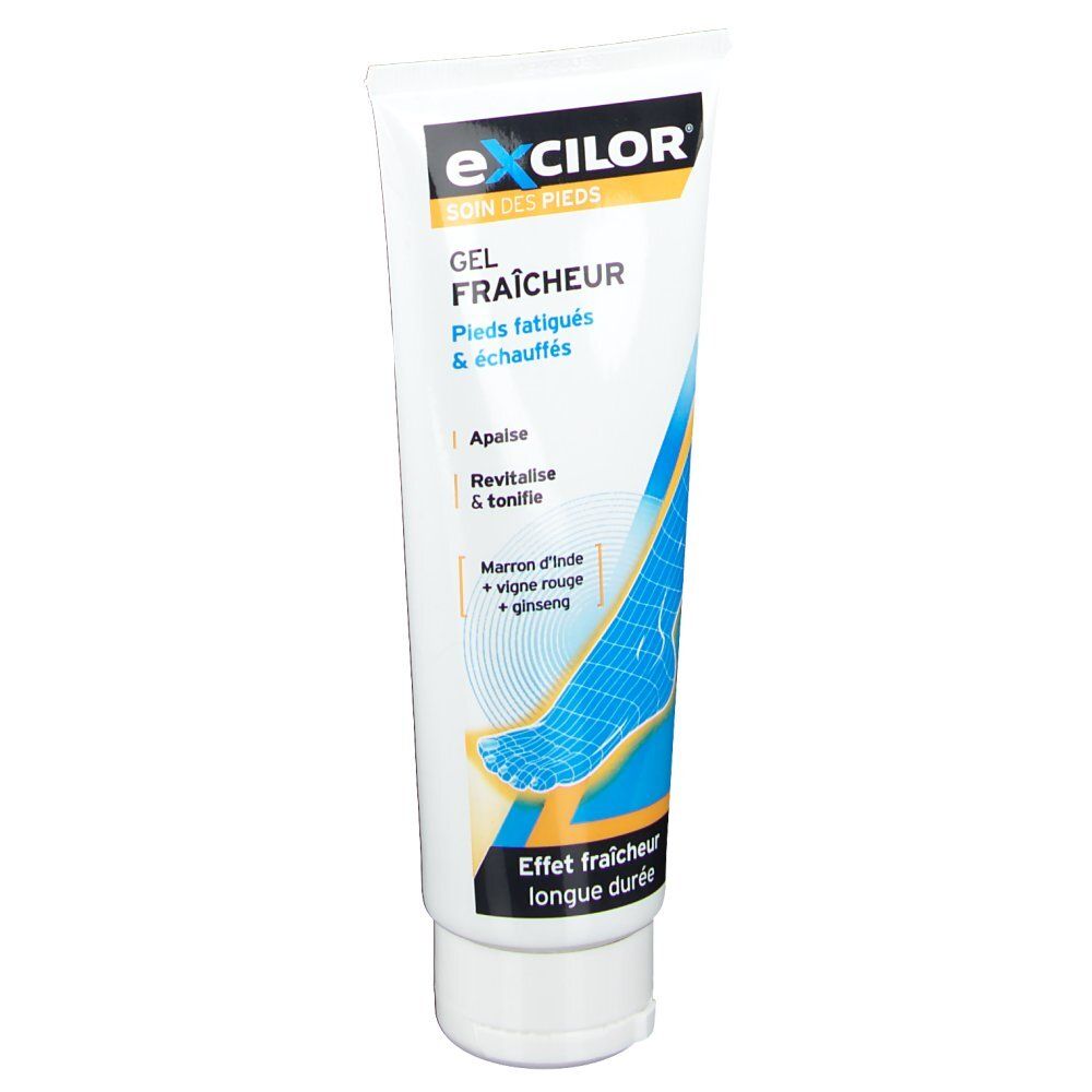 Tube blanc et bleu avec nom du produit et image de pied. Texte: Gel Fraîcheur, Pieds fatigués & échauffés.