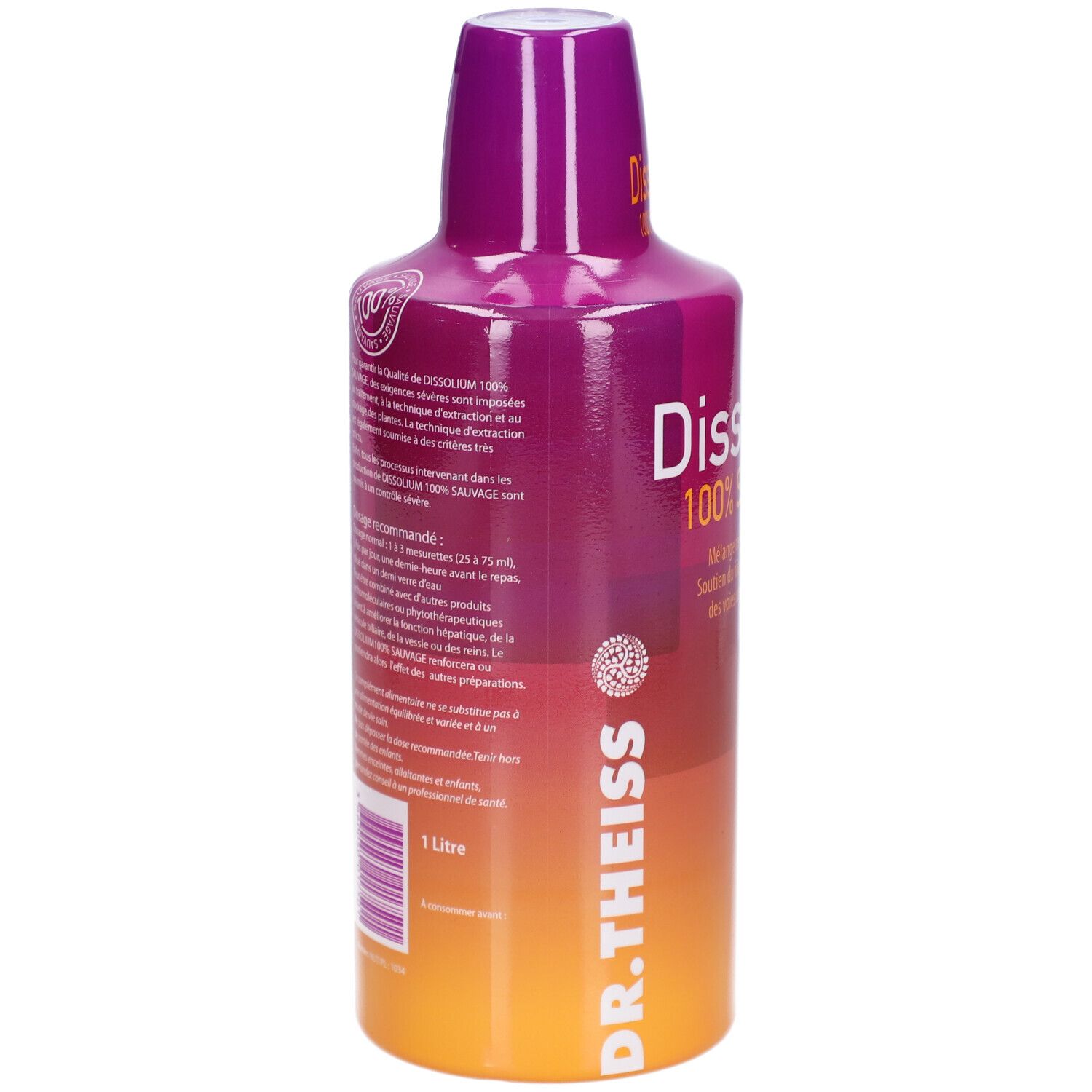 Bouteille avec dégradé violet et orange. Inscription: Dissolium 100% Sauvage. Marque: Dr. Theiss. Texte au dos.
