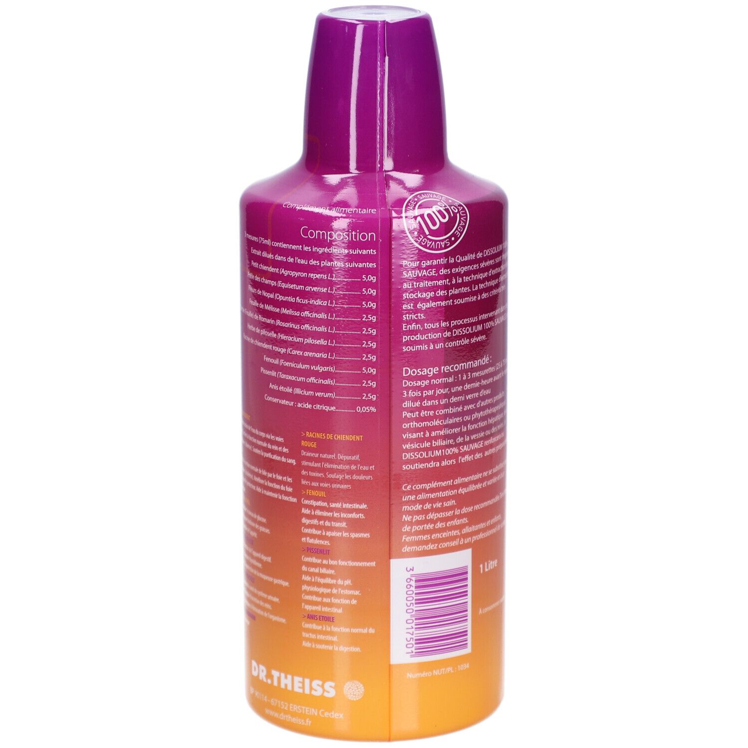 Bouteille avec dégradé violet et orange. Inscription: Dissolium 100% Sauvage. Marque: Dr. Theiss. Ingrédients au dos.