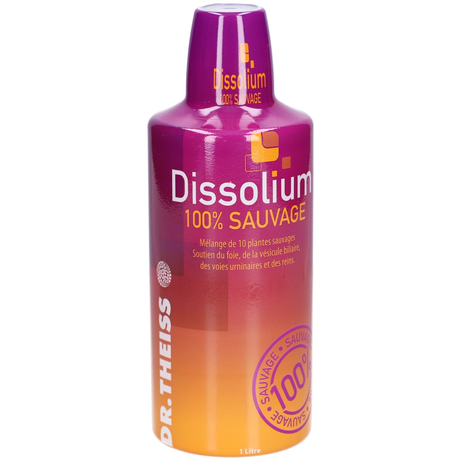 Bouteille avec dégradé violet et orange. Inscription: Dissolium 100% Sauvage. Marque: Dr. Theiss.