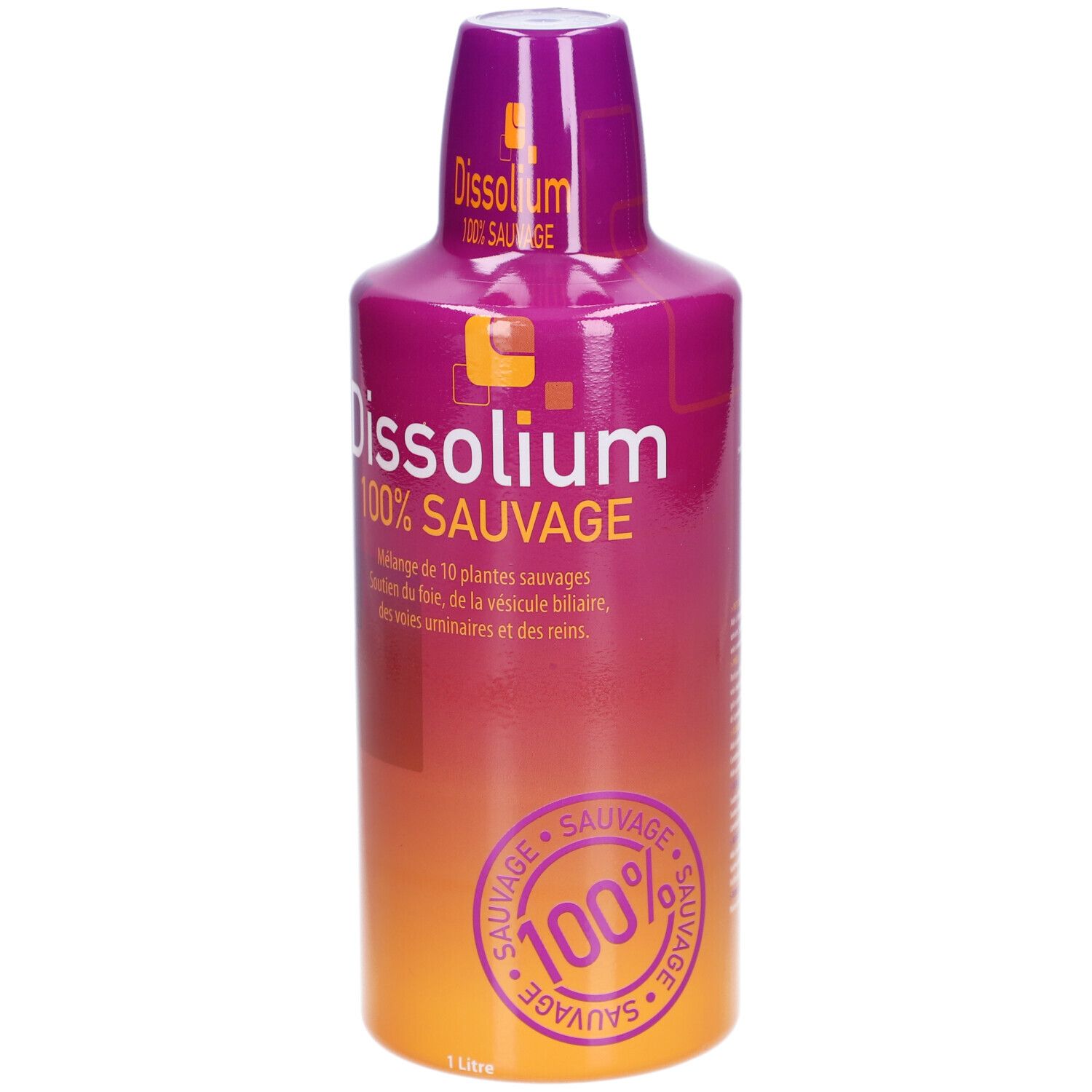 Bouteille avec dégradé violet et orange. Inscription: Dissolium 100% Sauvage. Marque: Dr. Theiss.