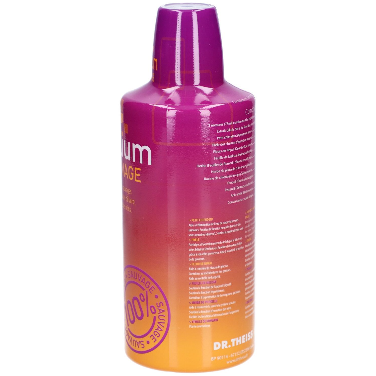 Bouteille avec dégradé violet et orange. Inscription: Dissolium 100% Sauvage. Marque: Dr. Theiss. Texte au dos.