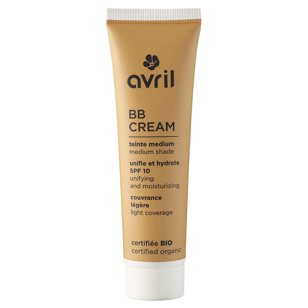 Tube beige "avril BB CREAM". Contient "teinte medium" et "SPF 10". Certifié BIO. Inscription "unifying and moisturizing".