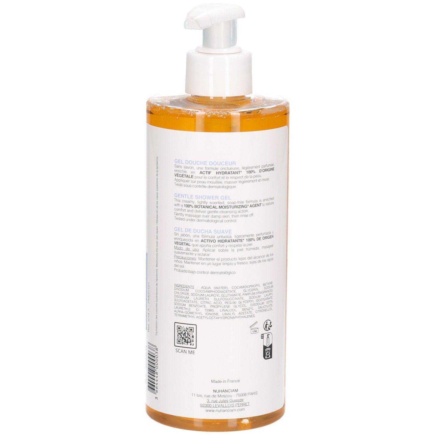 Arrière du flacon Nuhanciam Gel Douche Douceur avec pompe, 500ml.