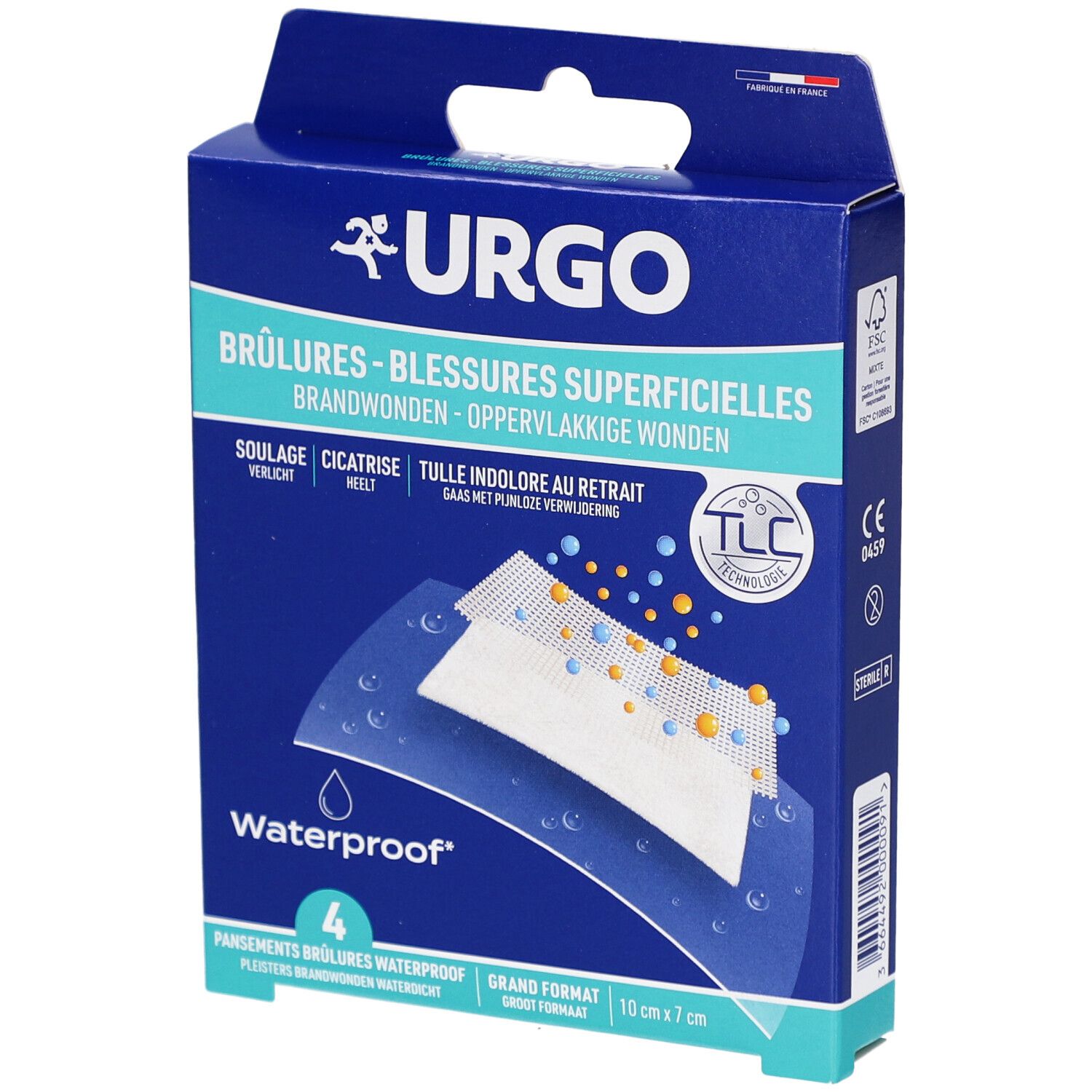 Boîte bleue et blanche URGO. Contient 4 pansements waterproof pour brûlures superficielles. Inscription 'Grand Format'.