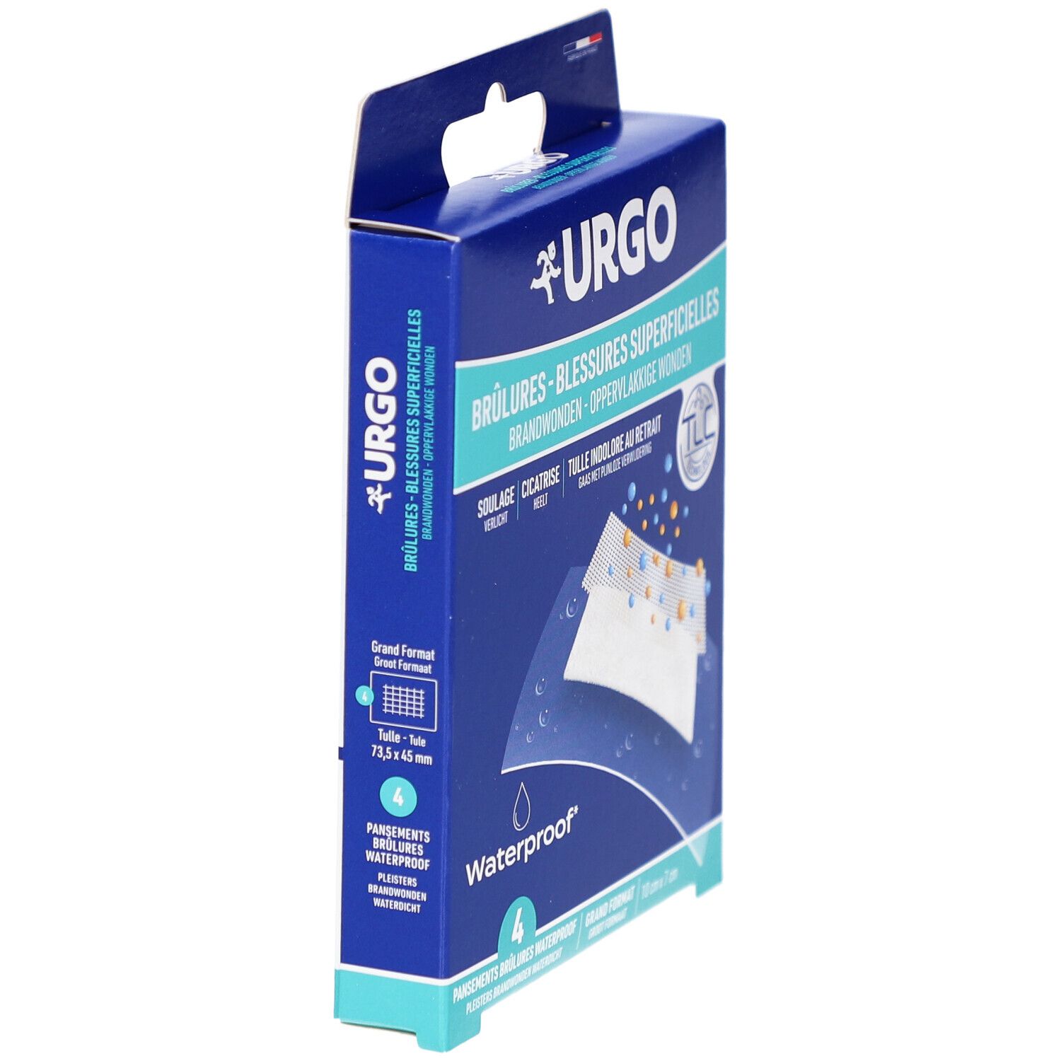 Boîte bleue URGO. Inscription 'Brûlures superficielles'. Contient 4 pansements waterproof. Vue en perspective.