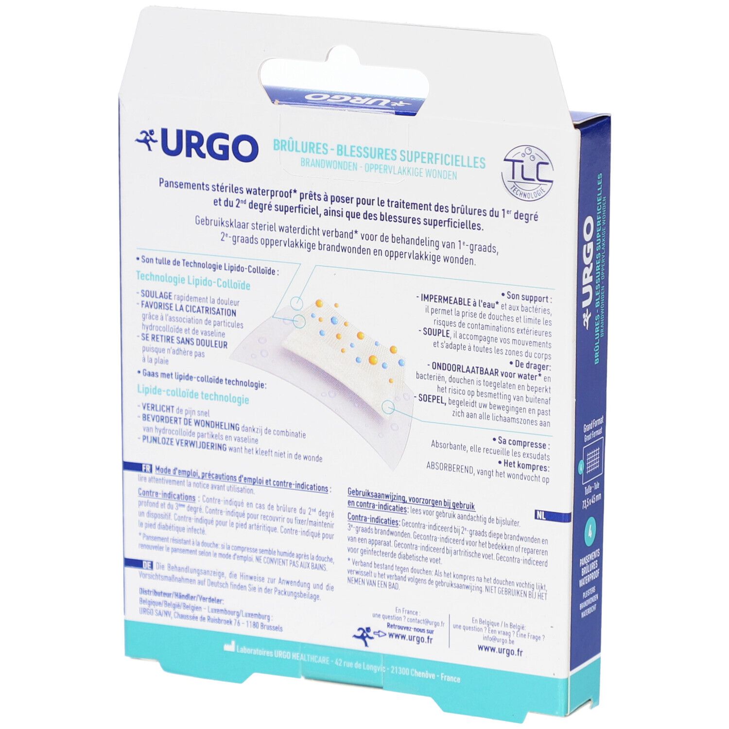 Dos de la boîte avec informations produit. Texte en plusieurs langues. Détails sur la composition et l'utilisation.