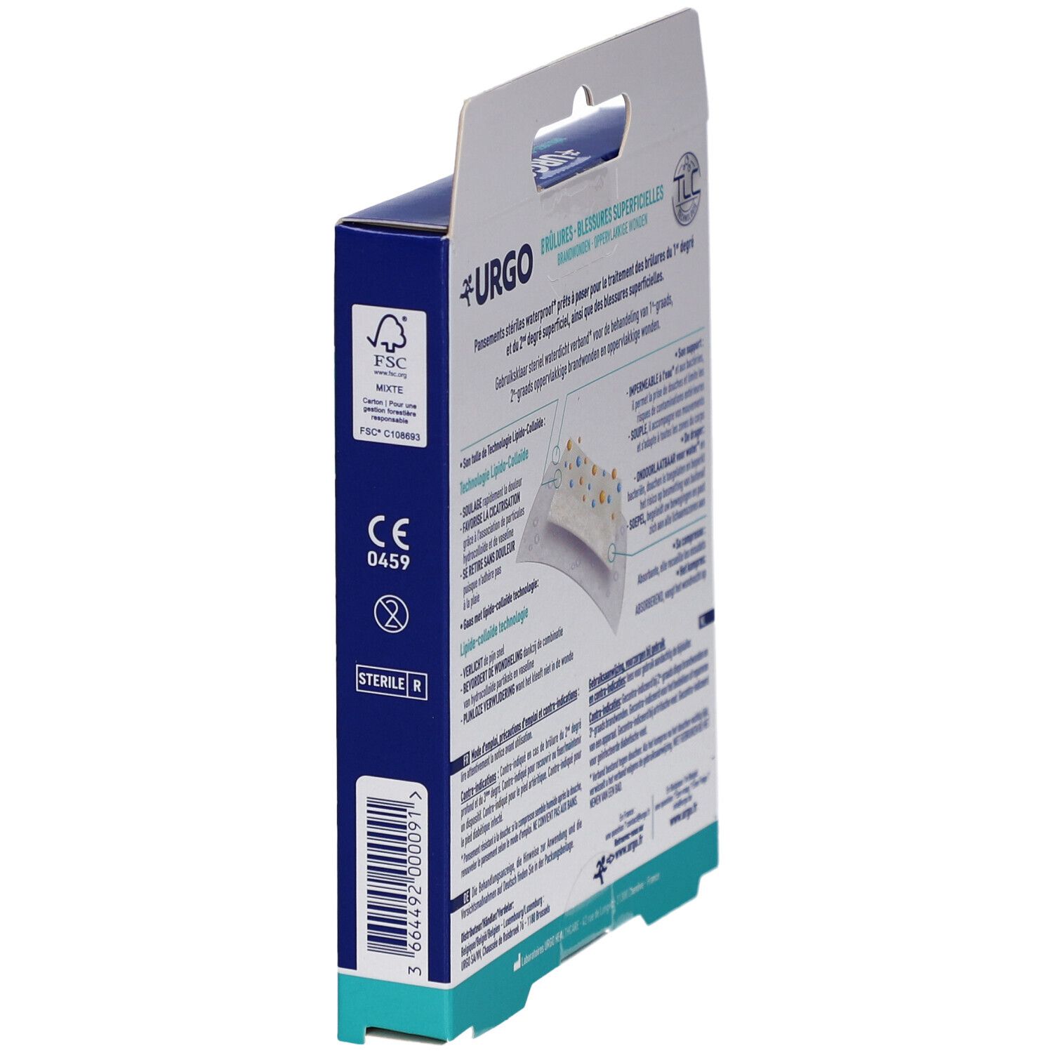 Vue latérale de la boîte avec informations produit. Logos FSC et CE visibles. Code-barres présent.