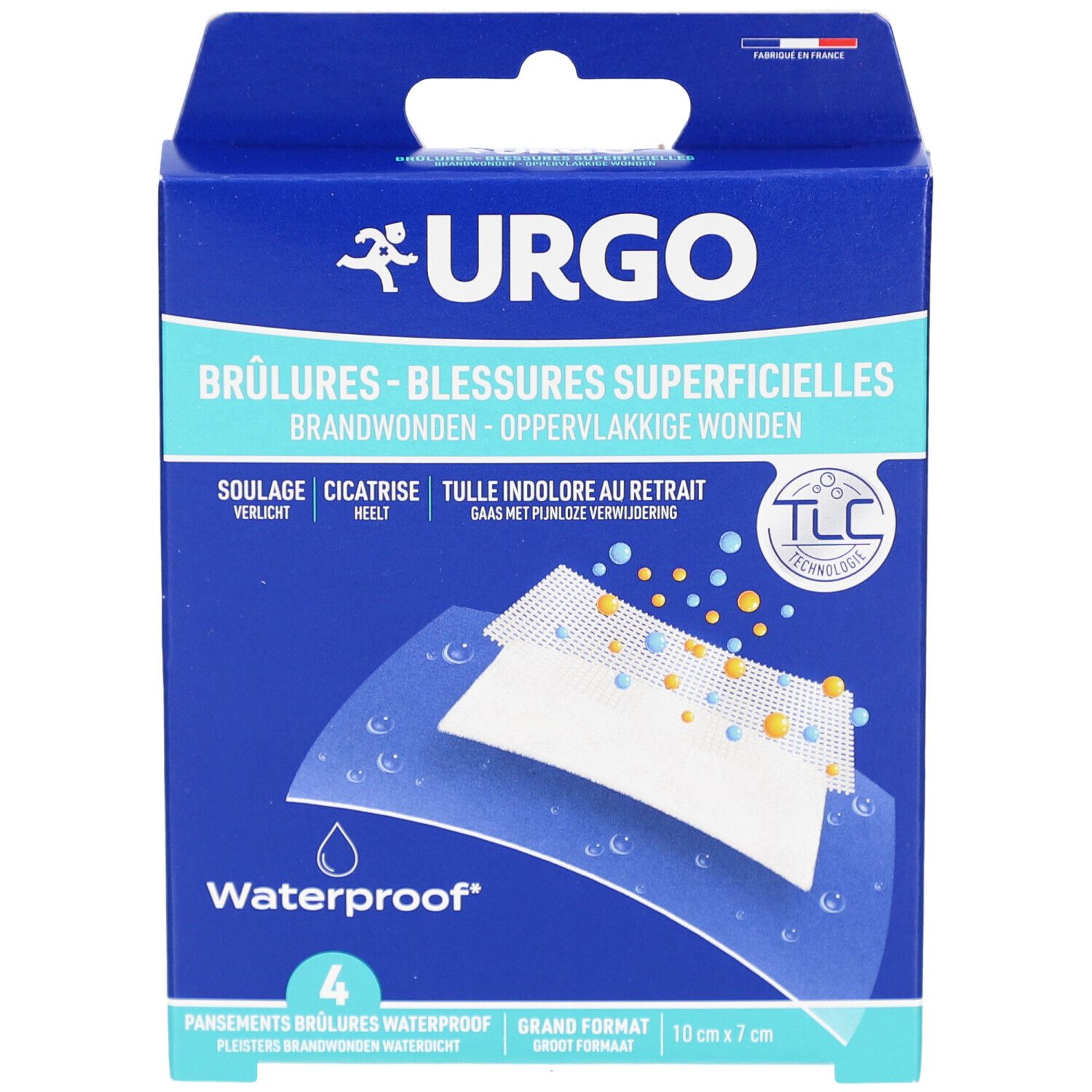 Boîte bleue URGO. Contient 4 pansements waterproof pour brûlures superficielles. Inscription '10 cm x 7 cm'.