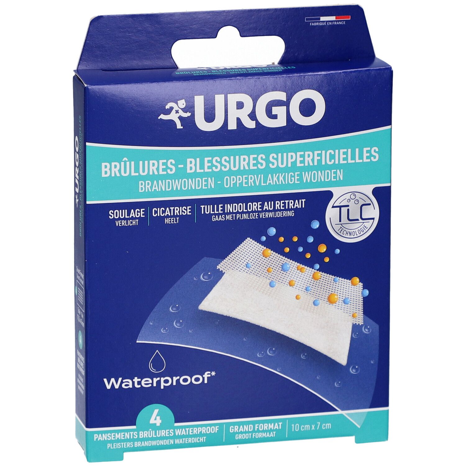 Boîte bleue URGO. Contient 4 pansements waterproof pour brûlures superficielles. Inscription '10 cm x 7 cm'.