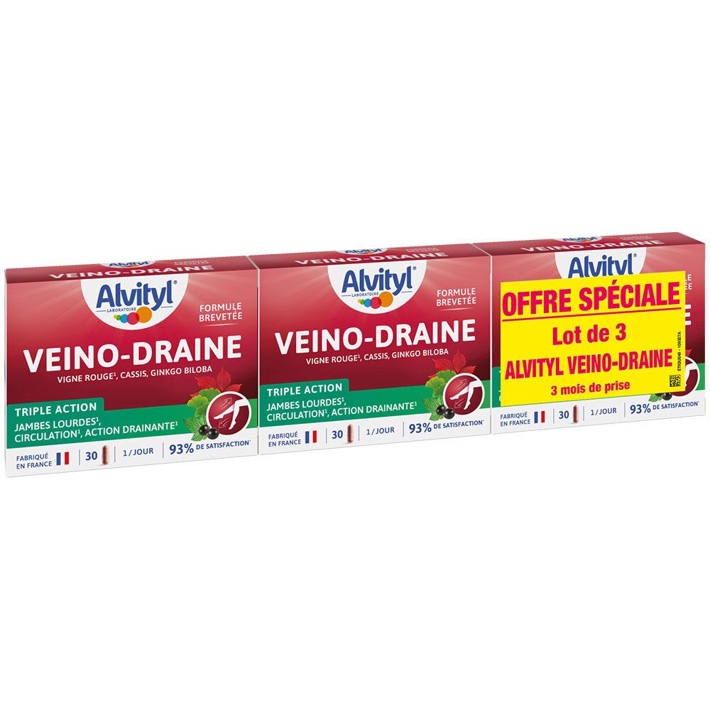 Trois boîtes ALVITYL® Veino-draine. Emballage rouge et blanc avec nom et ingrédients. Offre spéciale.