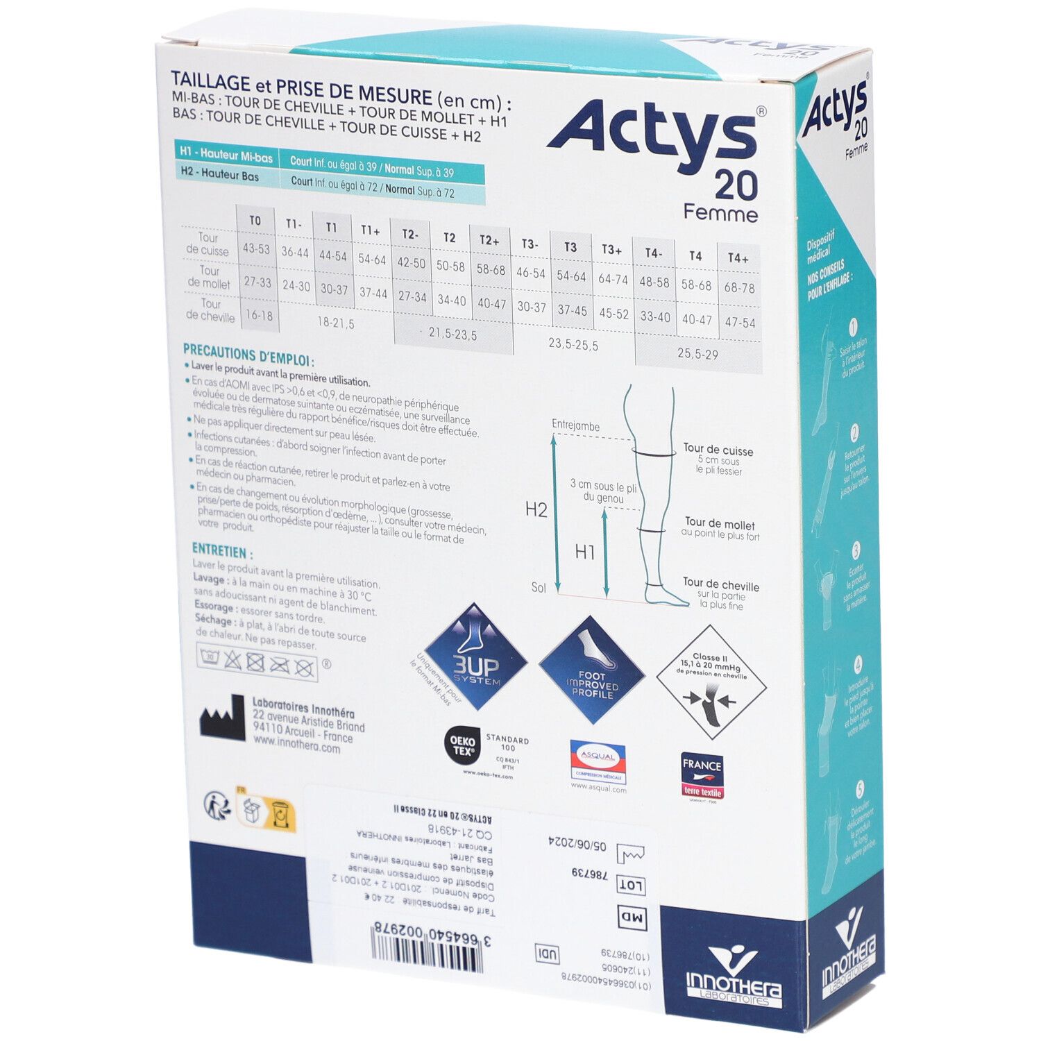 Dos de la boîte Actys 20 Femme. Tableaux de tailles, informations produit et logos.