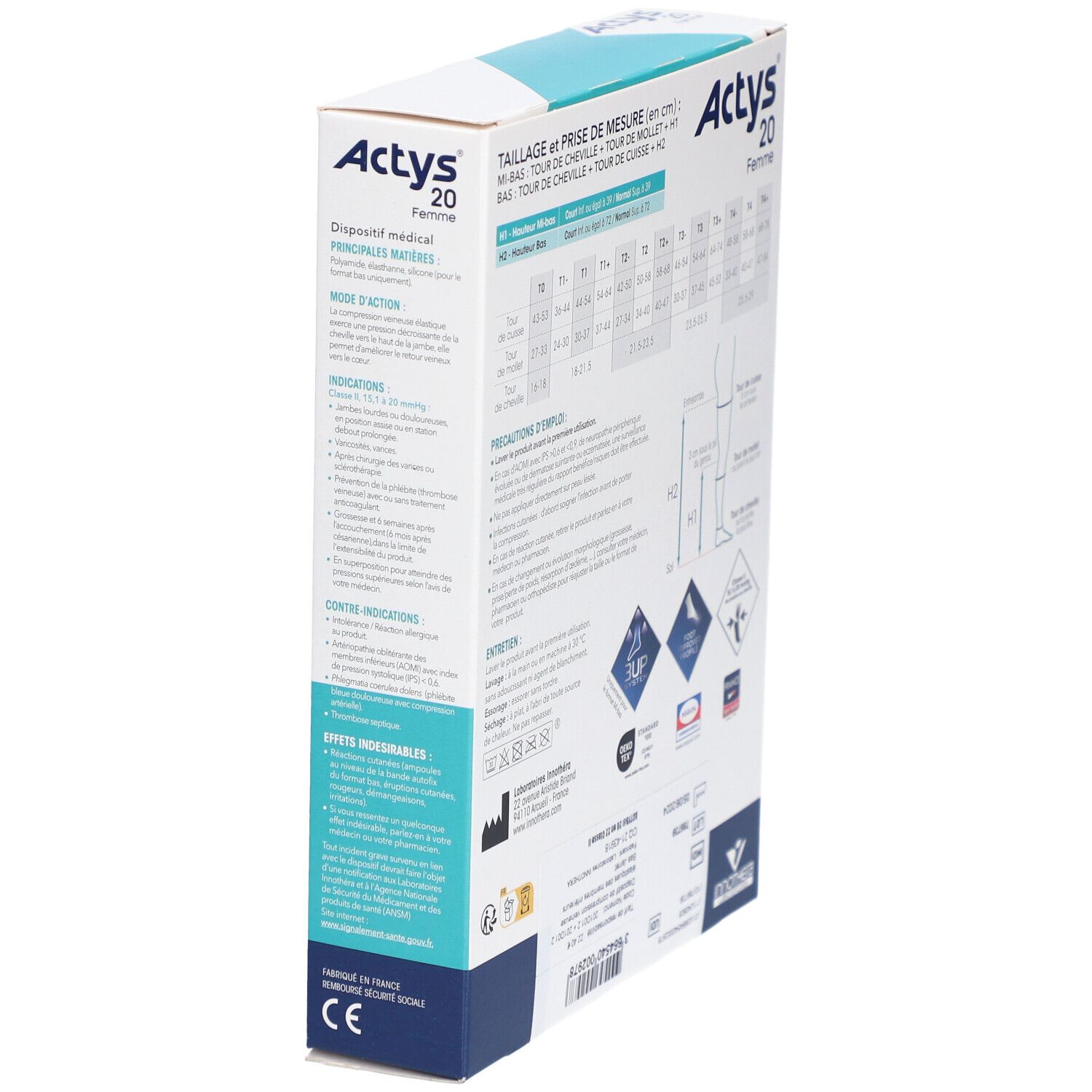 Vue latérale de la boîte Actys 20 Femme. Informations produit, logos et indications de taille.