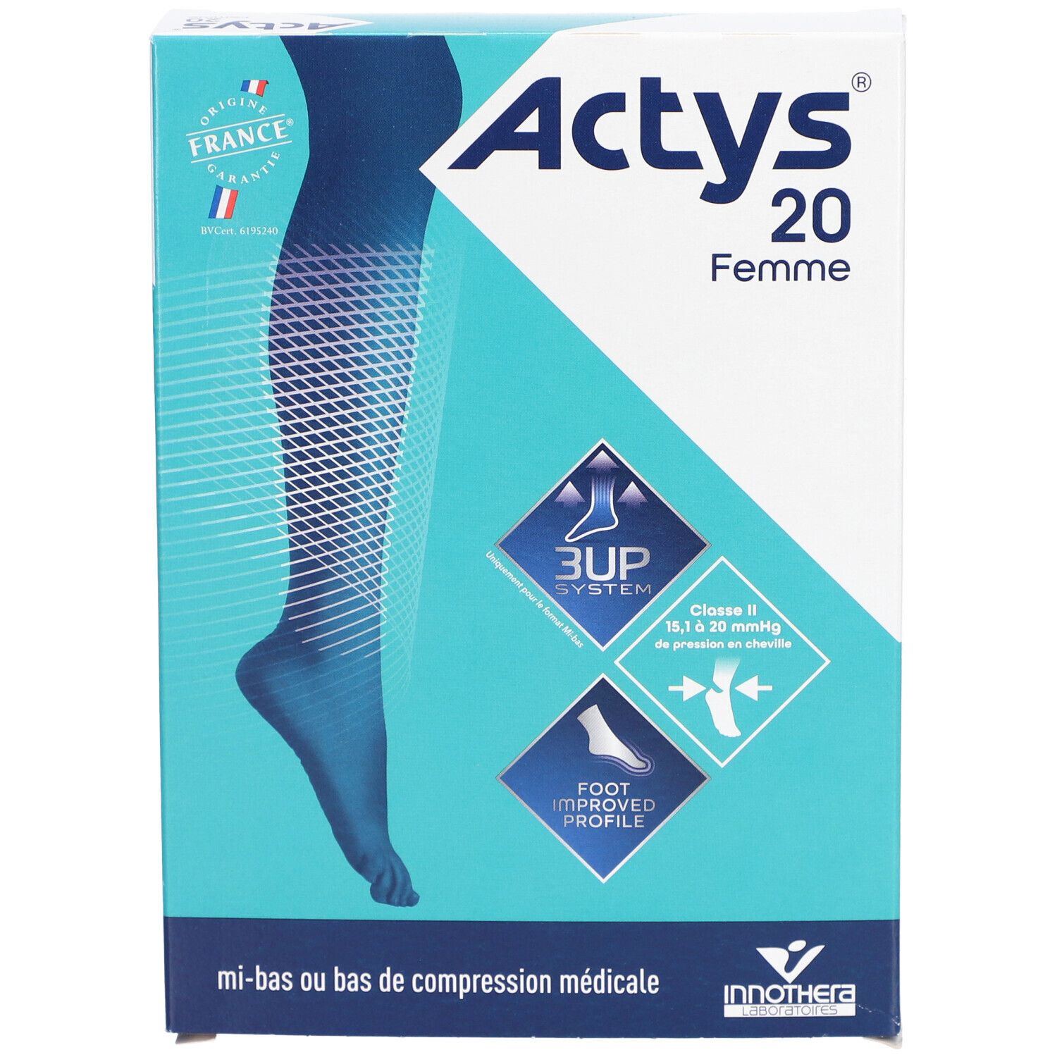 Boîte Actys 20 Femme, bas de compression médicale classe 2. Design turquoise et blanc avec illustration du produit.