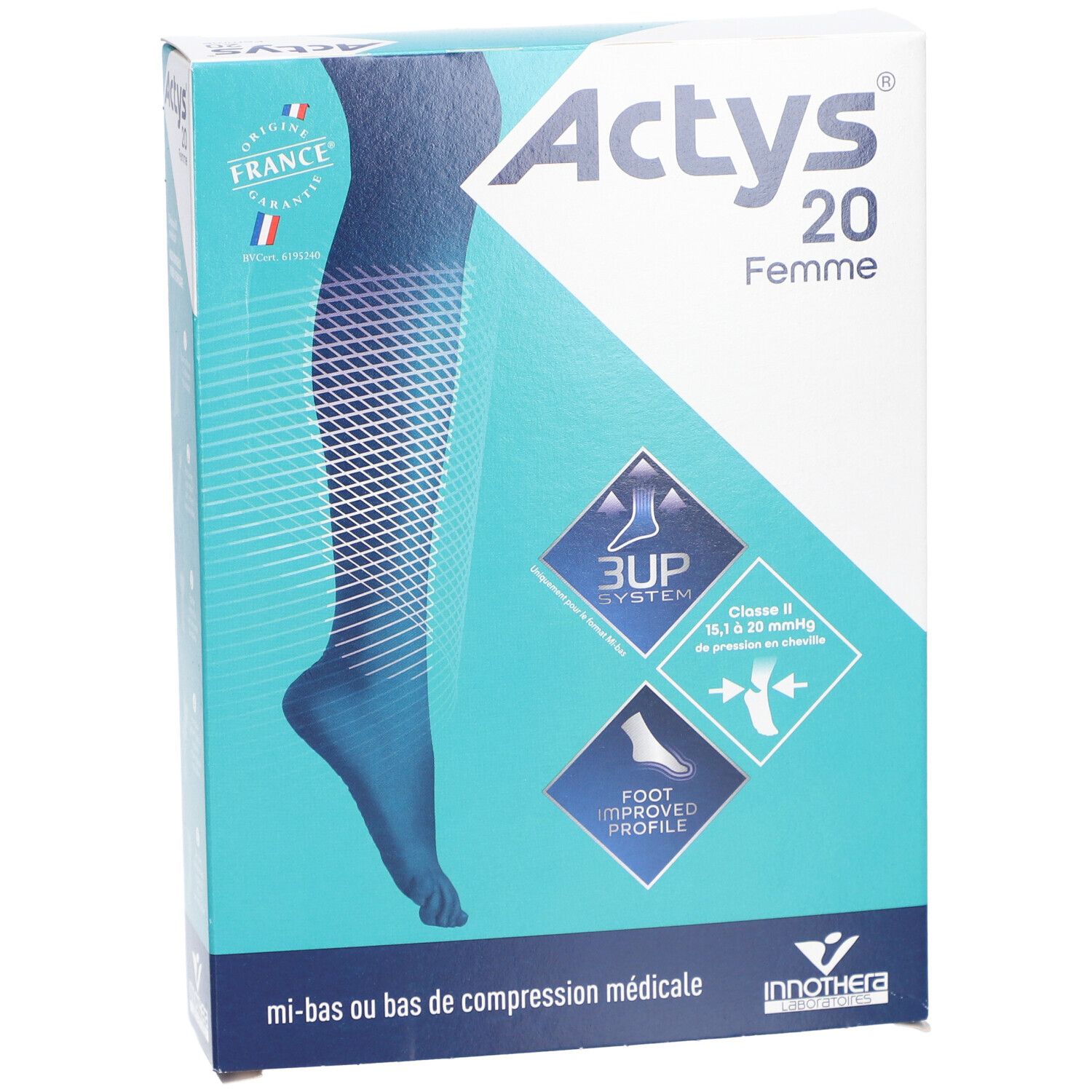Boîte Actys 20 Femme, bas de compression médicale classe 2. Design turquoise et blanc avec illustration du produit.