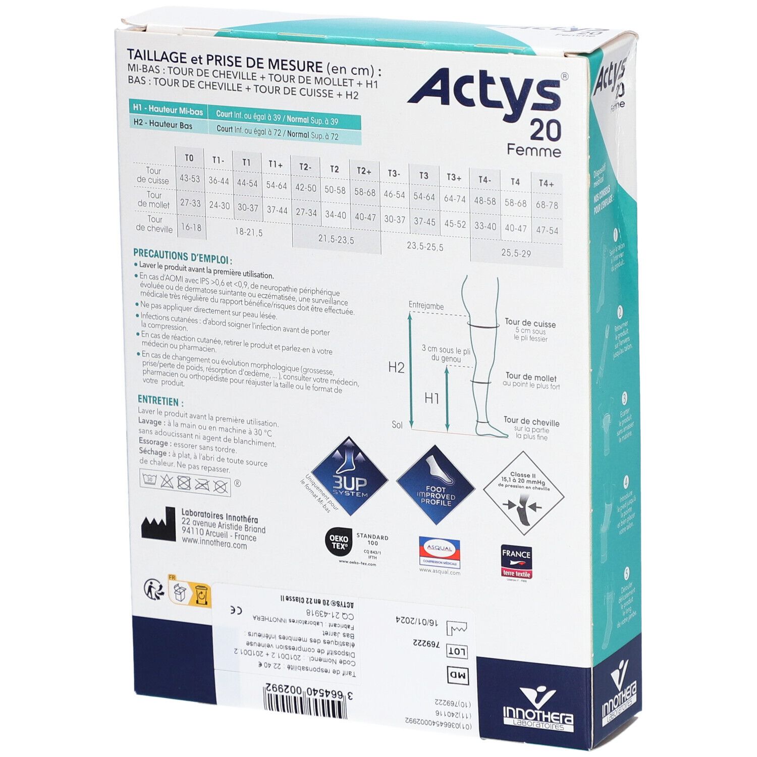 ACTYS 20 MOINS FEMME - Mi-bas médical de compression, classe 2, mollet fin. beige clair, c