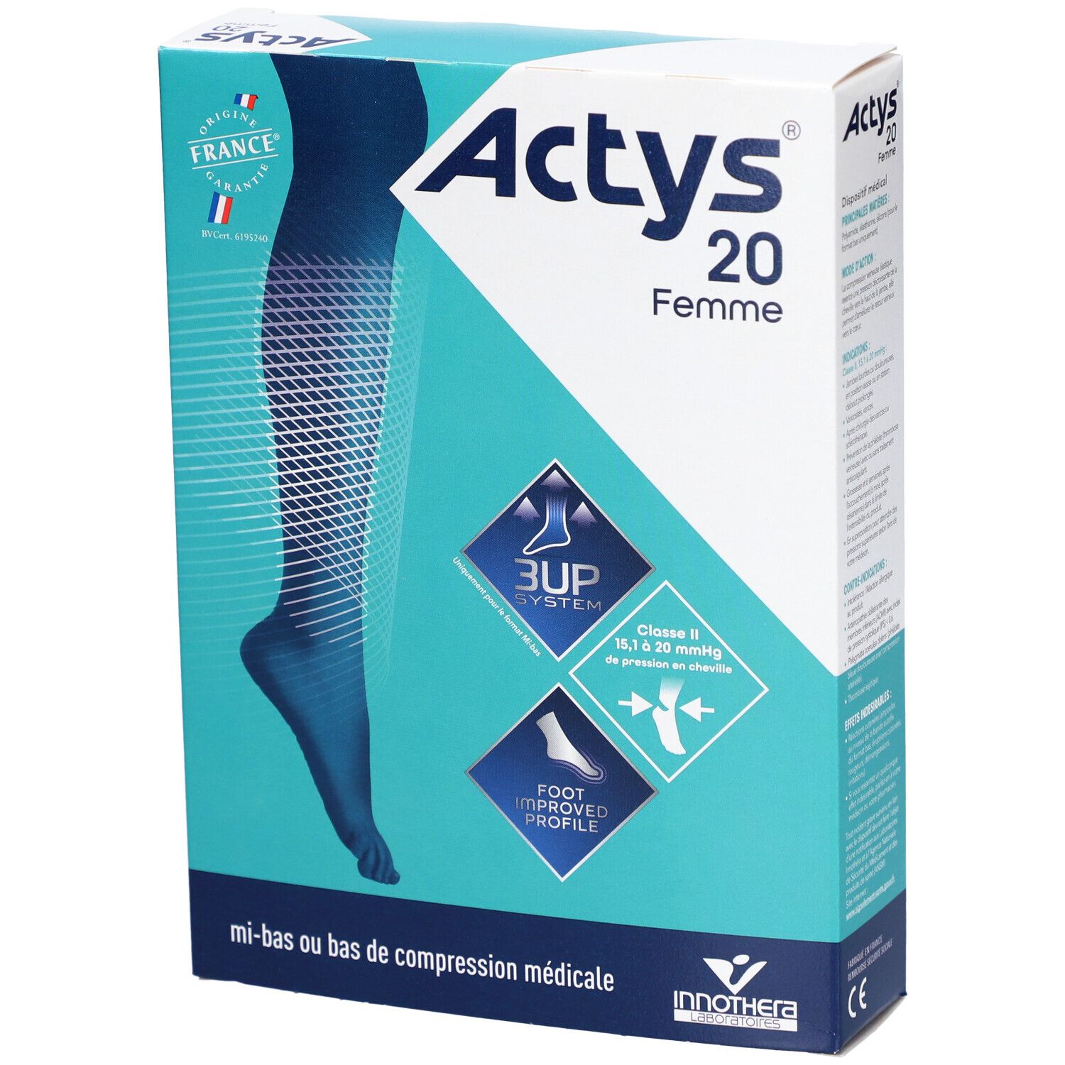 Boîte ACTYS 20 FEMME, bas de compression médicale, classe 2. Design turquoise et blanc, illustration du produit et logos.
