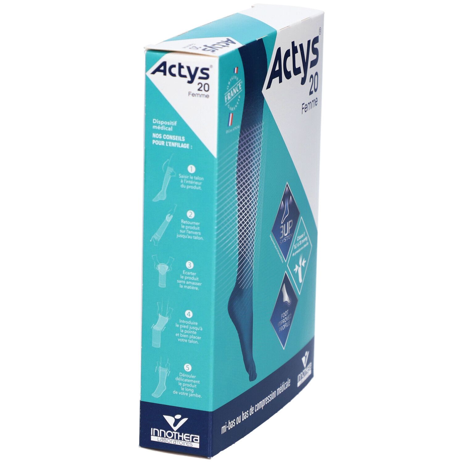 Boîte ACTYS 20 FEMME, bas de compression médicale. Vue latérale, montrant l'illustration du produit et les logos.