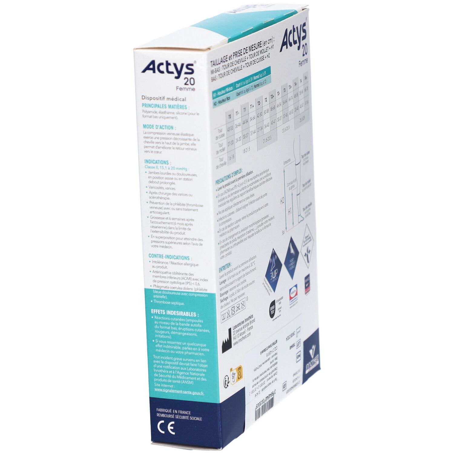 Vue latérale de la boîte ACTYS 20 FEMME. Affiche des informations, des instructions d'utilisation et des logos.