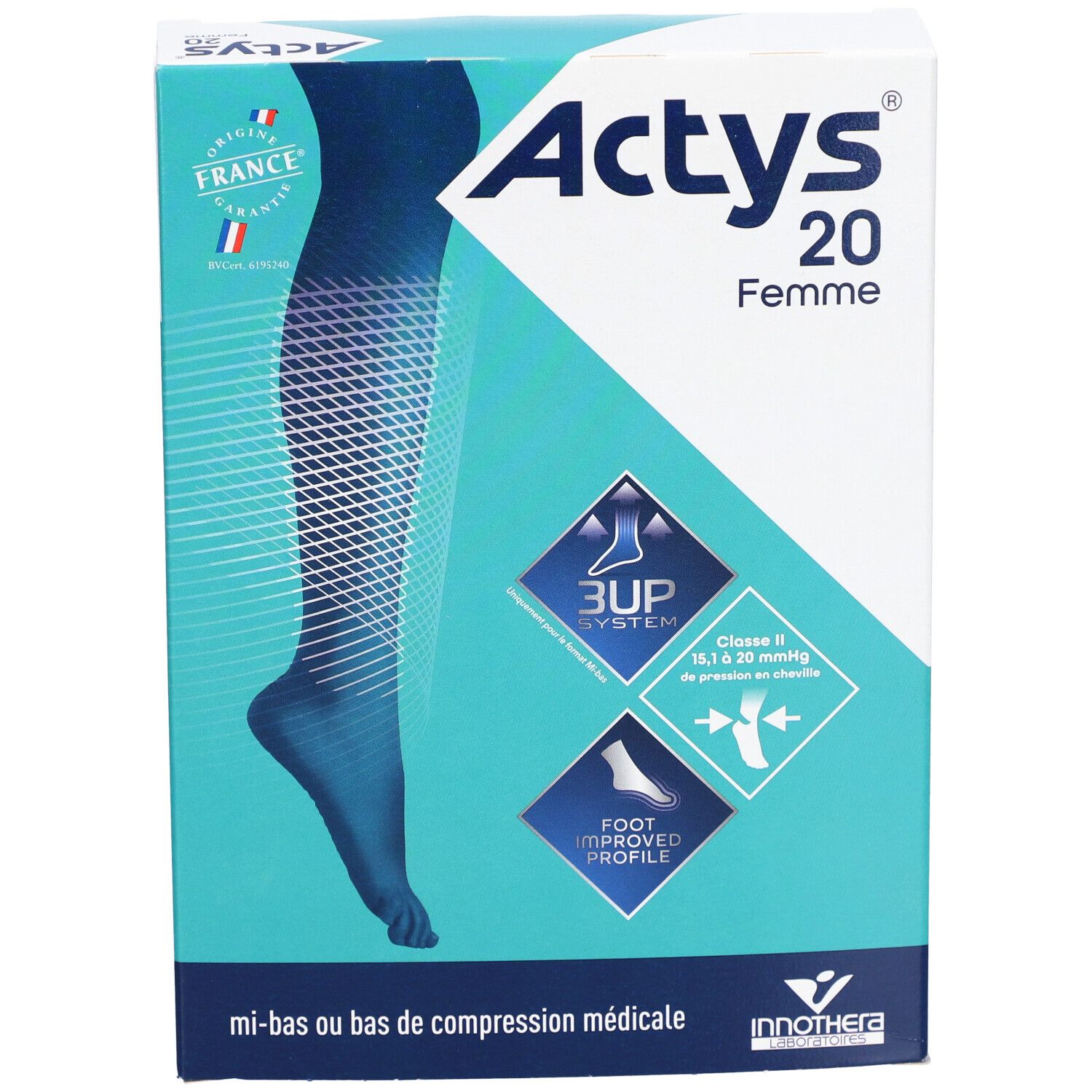 Boîte ACTYS 20 FEMME, bas de compression médicale. Design turquoise et blanc, illustration du produit et logos.