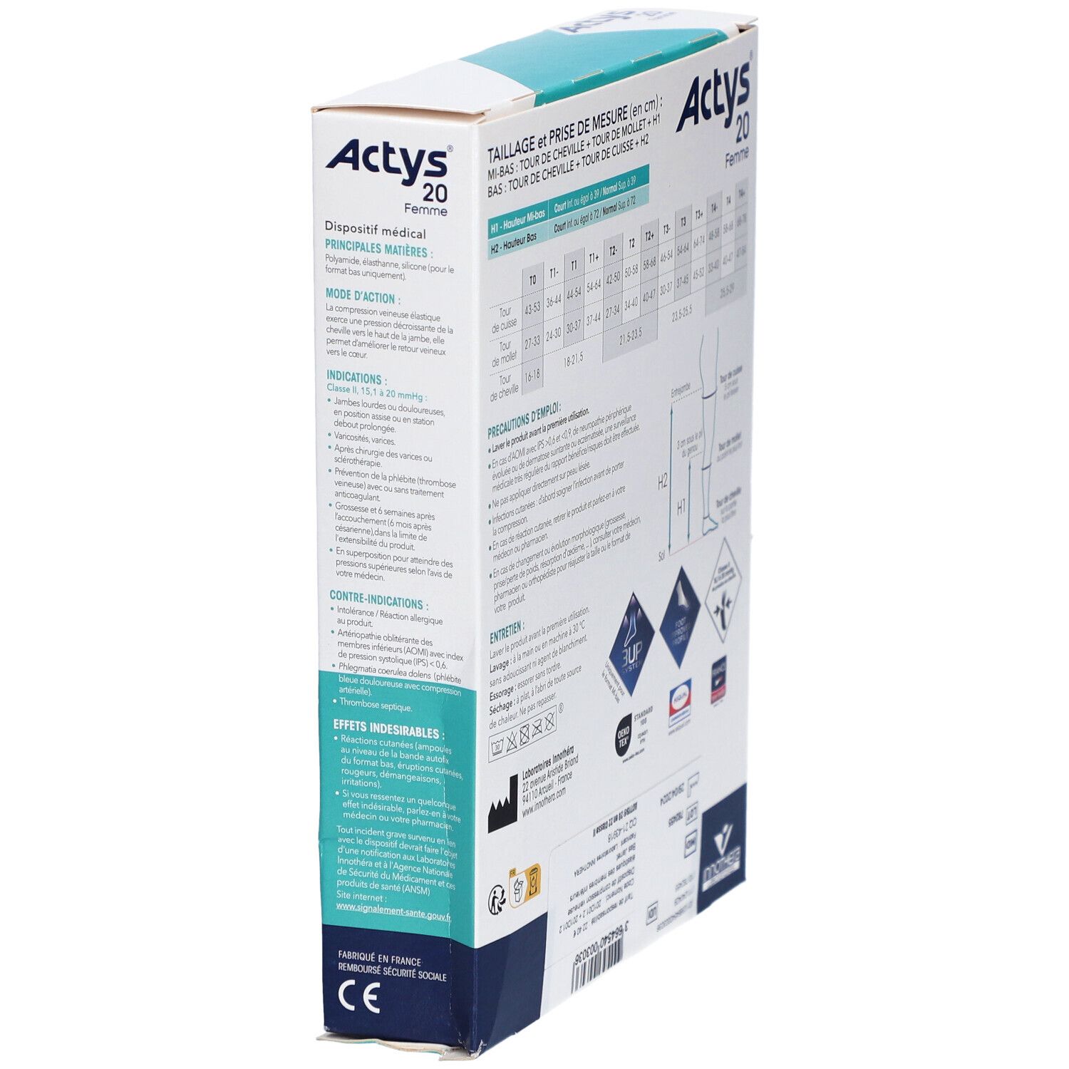 ACTYS 20 FEMME - Mi-bas médical de compression, classe 2, femme. beige clair, court taille
