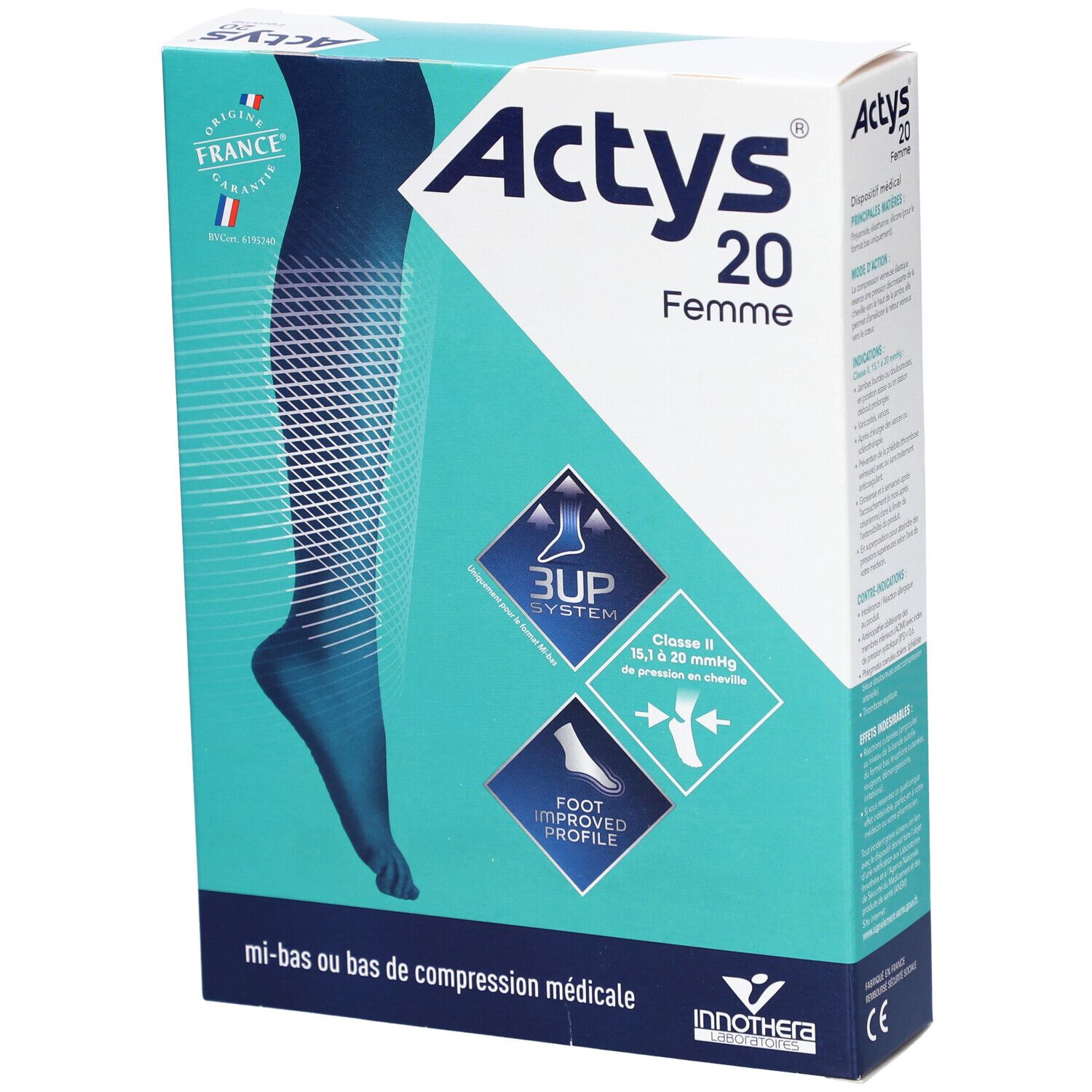 Boîte ACTYS 20 Femme, bas de compression classe 2. Turquoise et blanc. Drapeau français. Système 3UP, profil de pied.