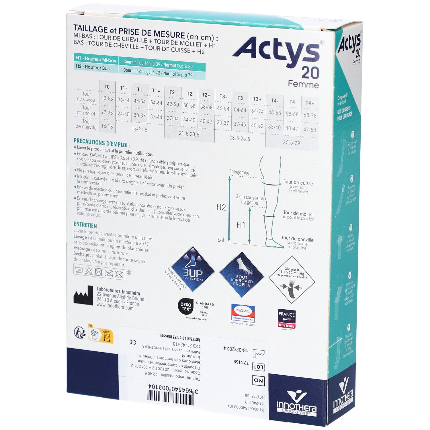 Dos de la boîte ACTYS 20 Femme. Tableau des tailles, instructions d'utilisation. Turquoise et blanc. Drapeau français.