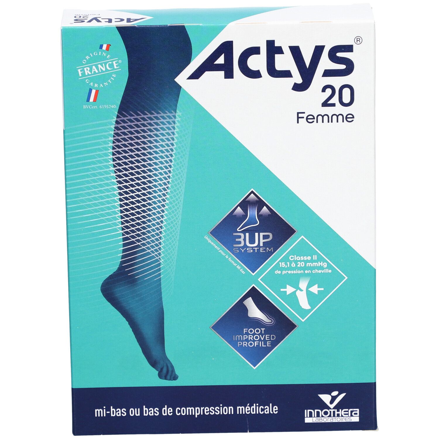 Boîte ACTYS 20 Femme, bas de compression classe 2. Turquoise et blanc. Drapeau français. Système 3UP, profil de pied.
