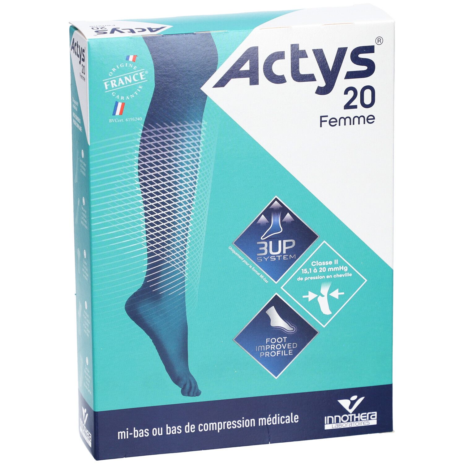 Boîte ACTYS 20 Femme, bas de compression classe 2. Turquoise et blanc. Drapeau français. Système 3UP, profil de pied.