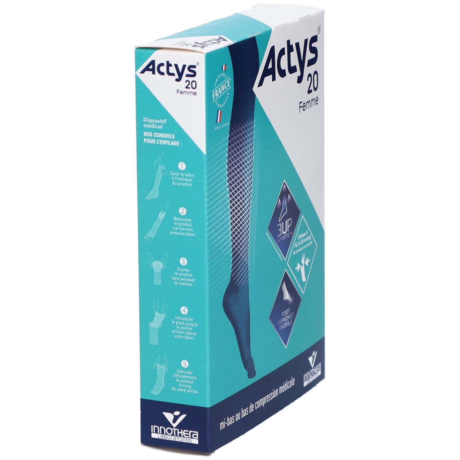 Boîte ACTYS 20 Femme, vue latérale. Illustration du produit, logos et instructions.