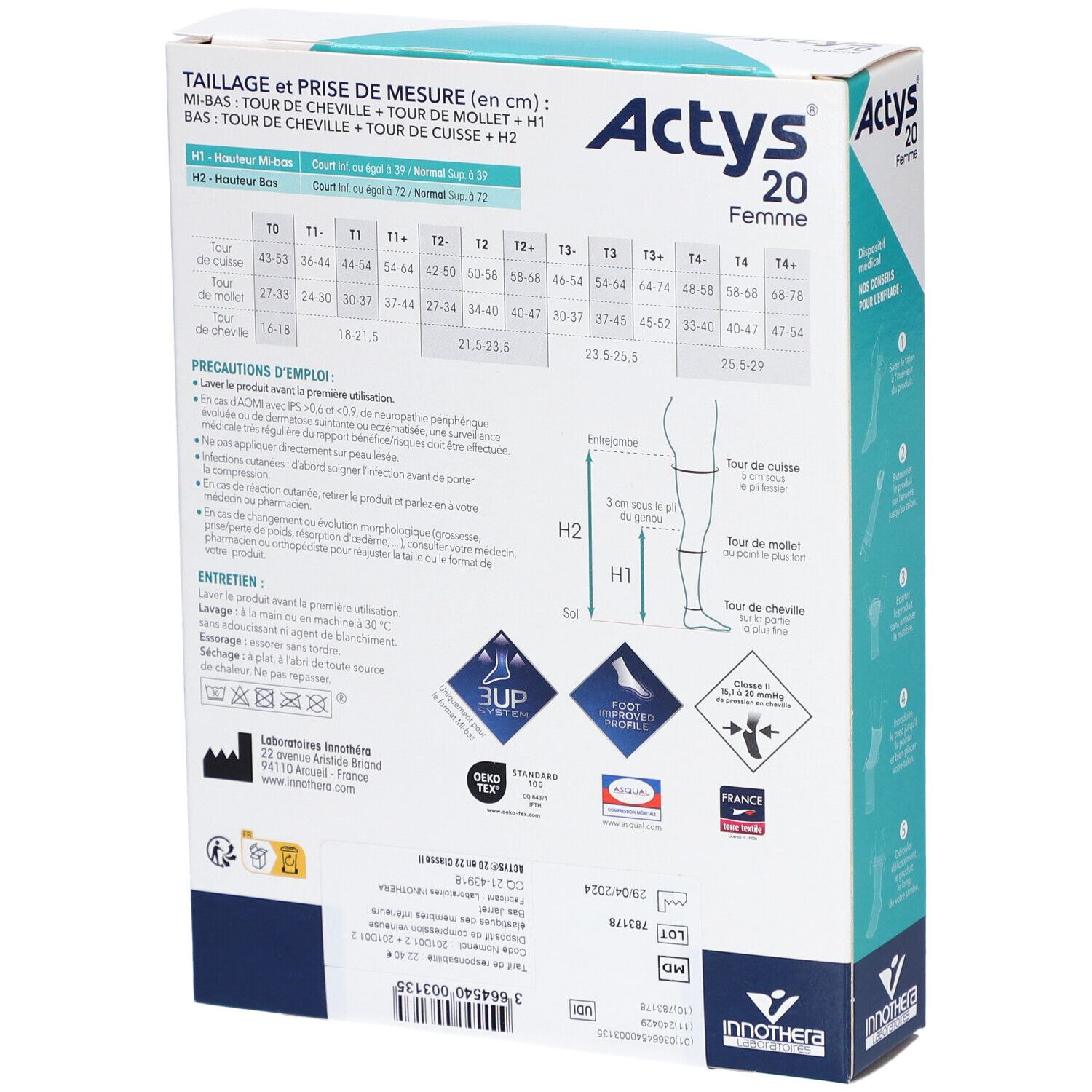 Dos de la boîte ACTYS 20 Femme. Tableaux, logos et informations d'utilisation.