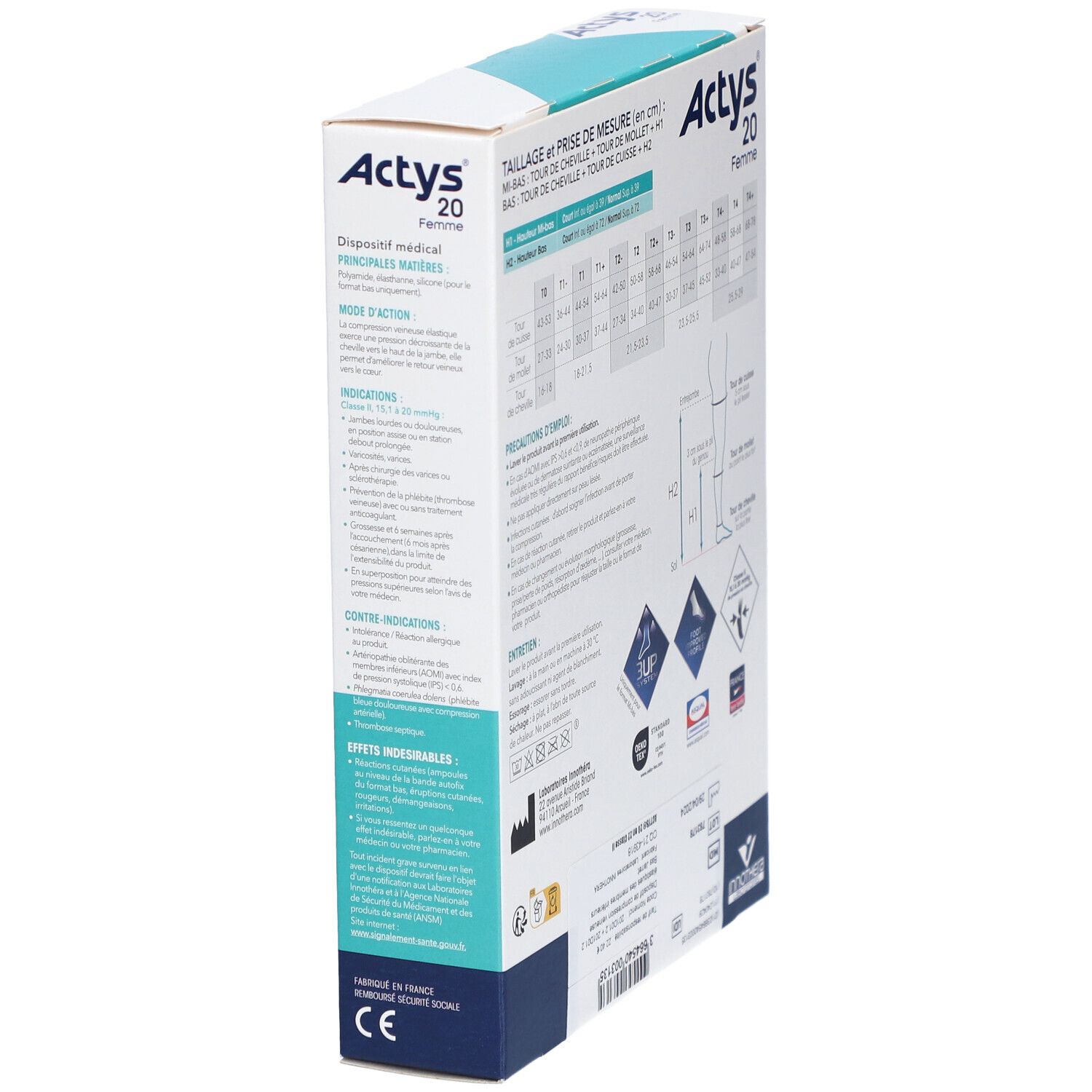Vue latérale de la boîte ACTYS 20 Femme. Tableaux, logos et informations d'utilisation.