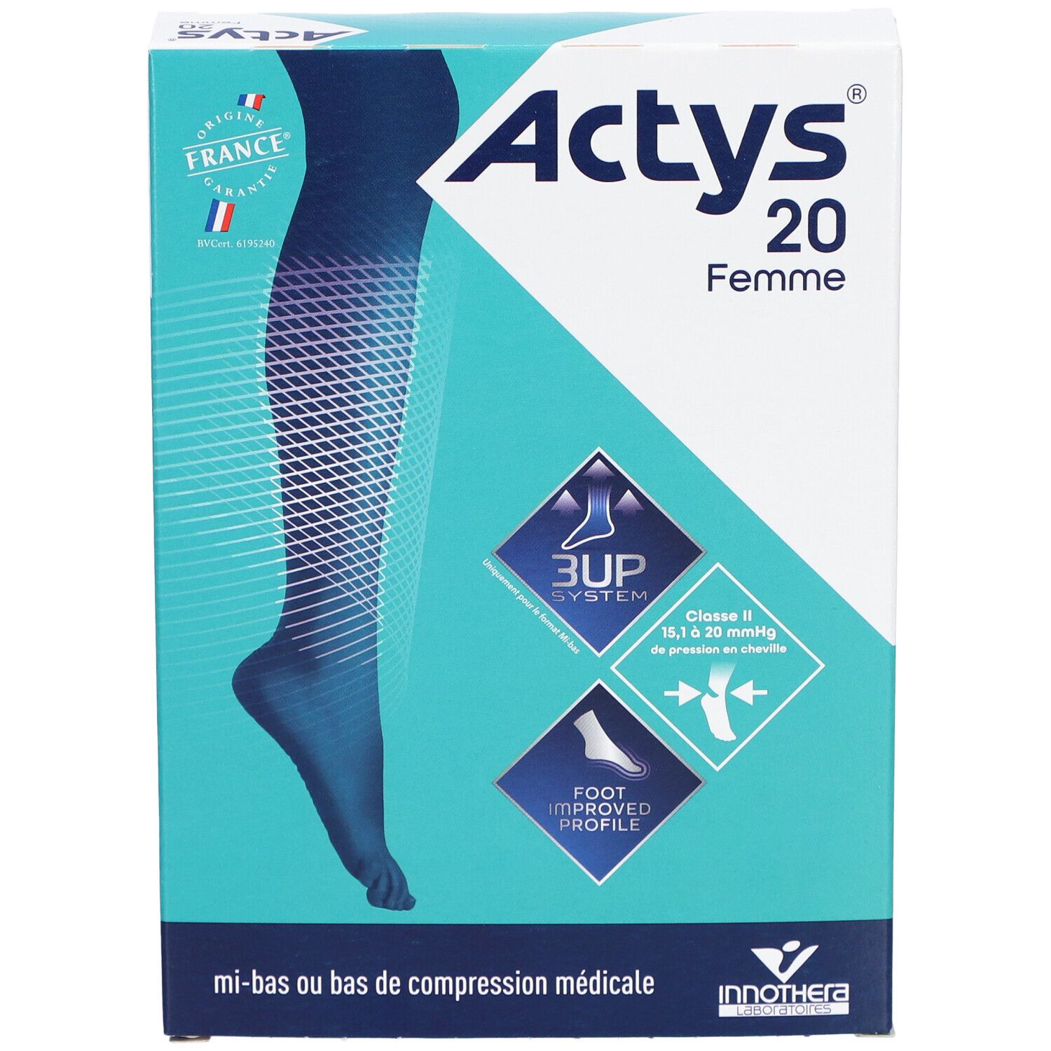 Boîte de mi-bas de compression ACTYS 20 Femme. Design turquoise et blanc, illustration du produit et logos.