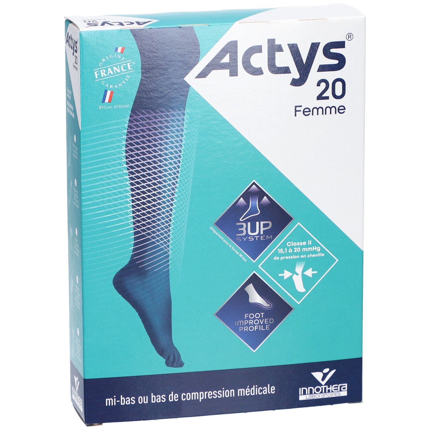 Boîte de mi-bas de compression ACTYS 20 Femme. Design turquoise et blanc, illustration du produit et logos.