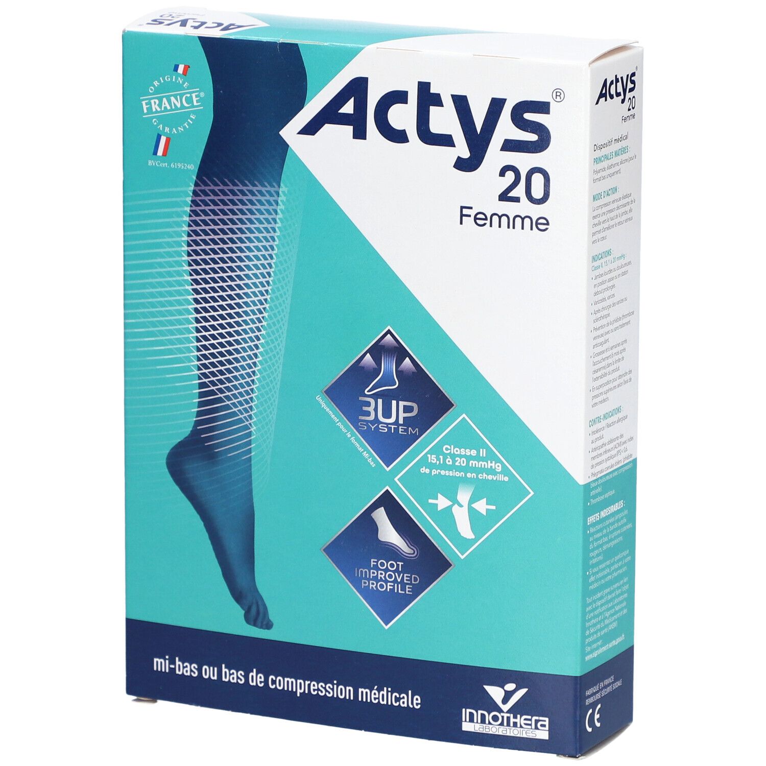 Boîte ACTYS 20 Femme, bas de compression médicale. Design turquoise et blanc, illustration du produit, drapeau français.