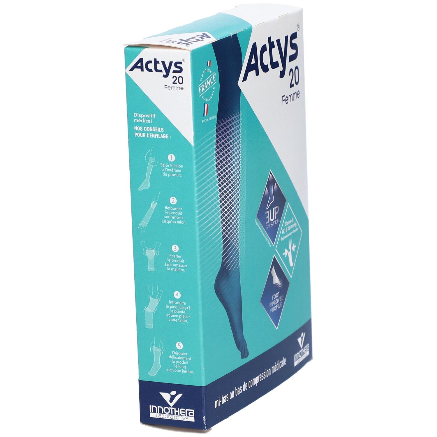 Boîte ACTYS 20 Femme, bas de compression médicale. Design turquoise et blanc, illustration du produit, drapeau français.